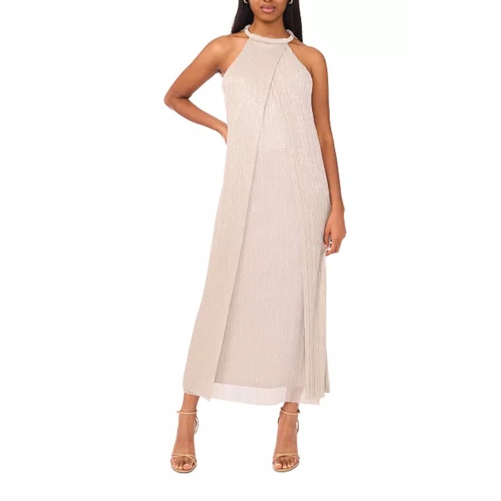 MSK Maxi Dress Women Large New Metallic Silver Gold Halter Pleated MSRP $109